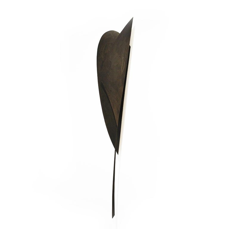 Joe Wheaton Abstract Sculpture - Conscience Lurked: Abstract Oxidized Brass Wall Sculpture