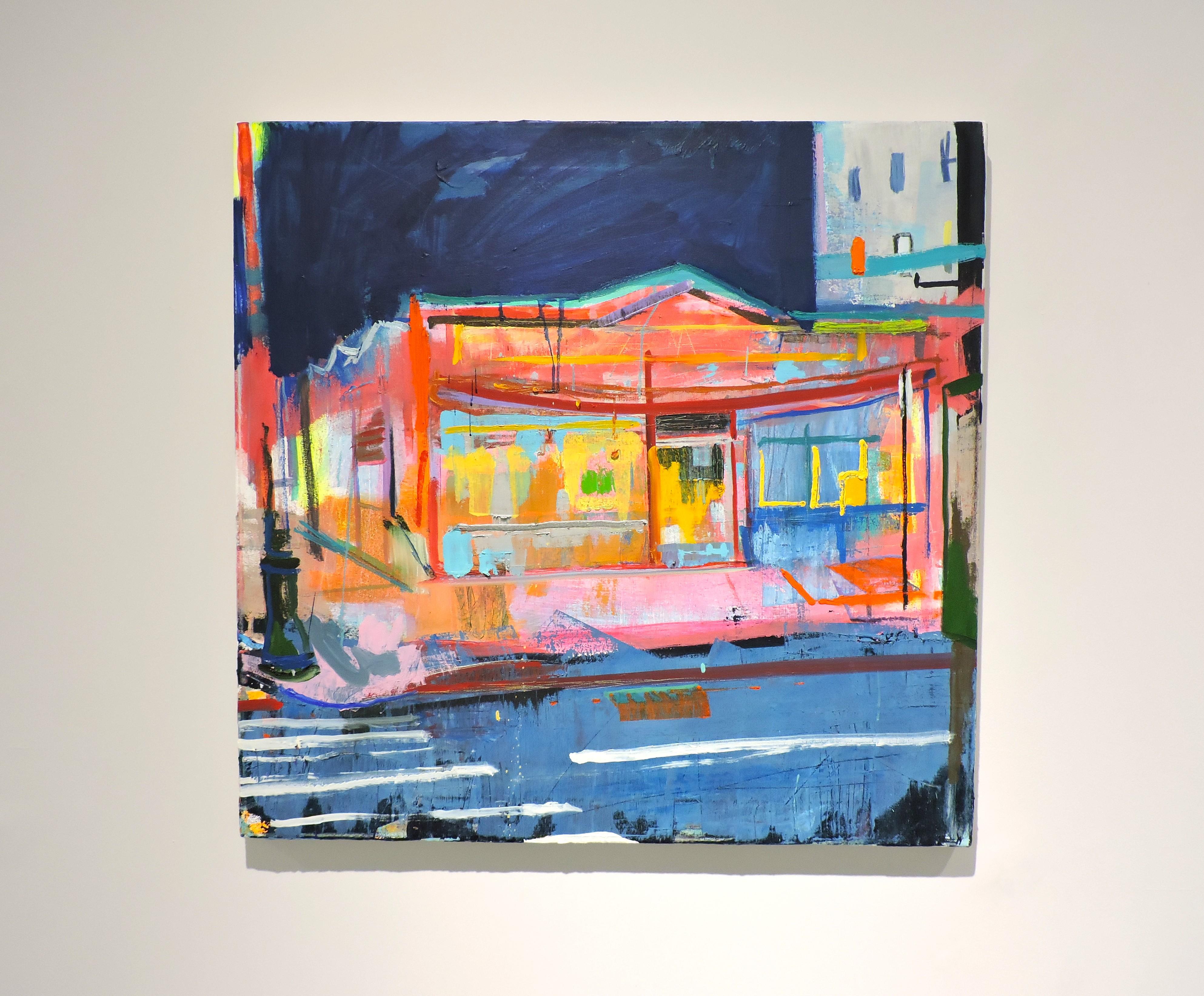 Bodega I ist ein farbenfrohes und dynamisches Gemälde des Künstlers Joel Adas aus New York/New Jersey, der mit lebhaften Farben seiner Fantasie freien Lauf lässt. Adas liebt es, Küsten- und Stadtgebiete darzustellen, in denen es Spuren des Verfalls