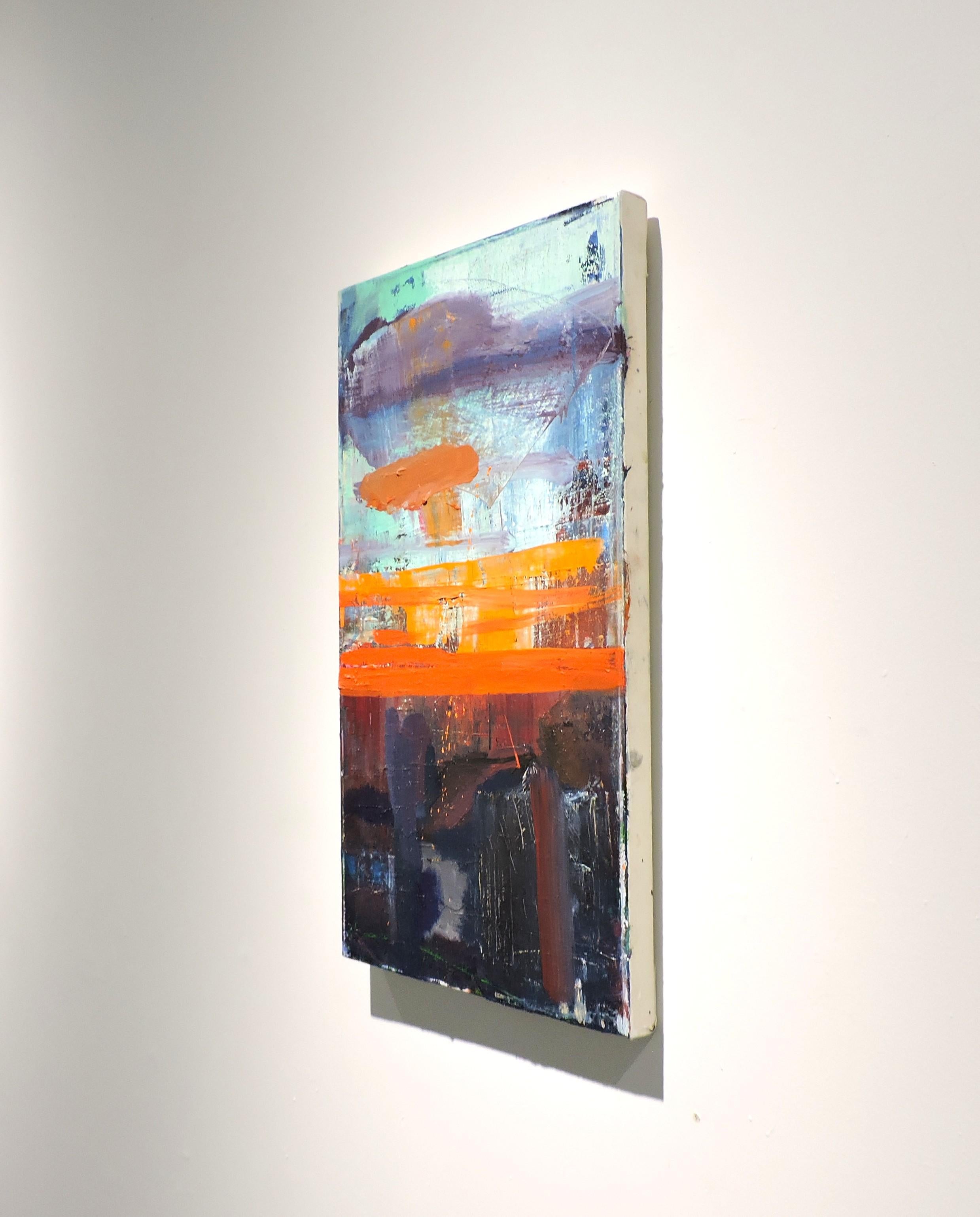 Sunset I ist ein farbenfrohes und dynamisches Ölgemälde auf Leinwand von Joel Adas, einem Künstler aus New York/New Jersey, der aus seiner Fantasie heraus mit lebhaften Farben arbeitet. Adas liebt es, Küsten- und Stadtgebiete darzustellen, in denen