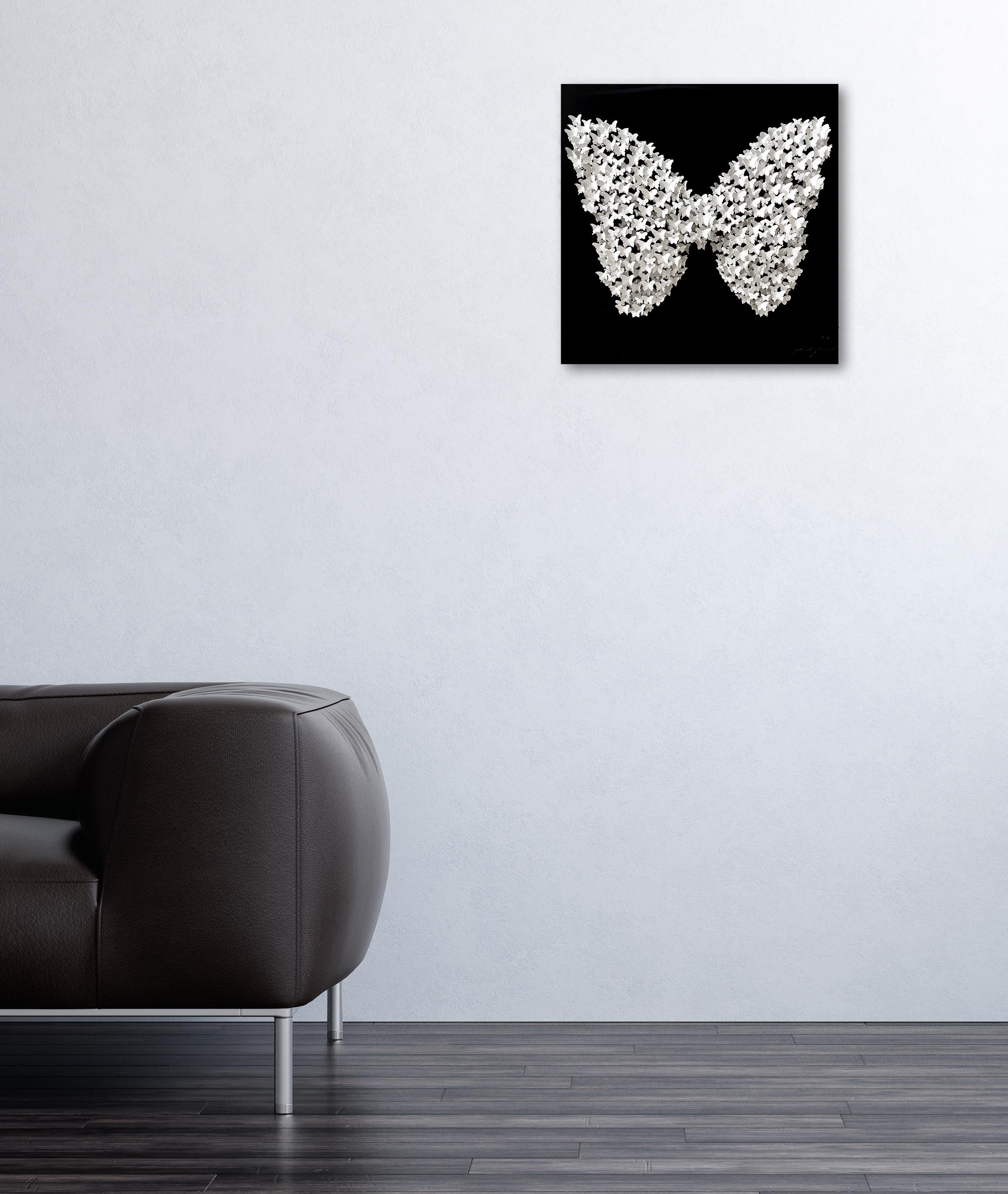 ''Circle of Life (Butterfly) - Black/White'' is a unique mix medium hand painted metal wall sculpture on wood panel by Joel Amit. The artwork comes with a certificate of authenticity and artist's book. This piece is signed and comes ready hang.