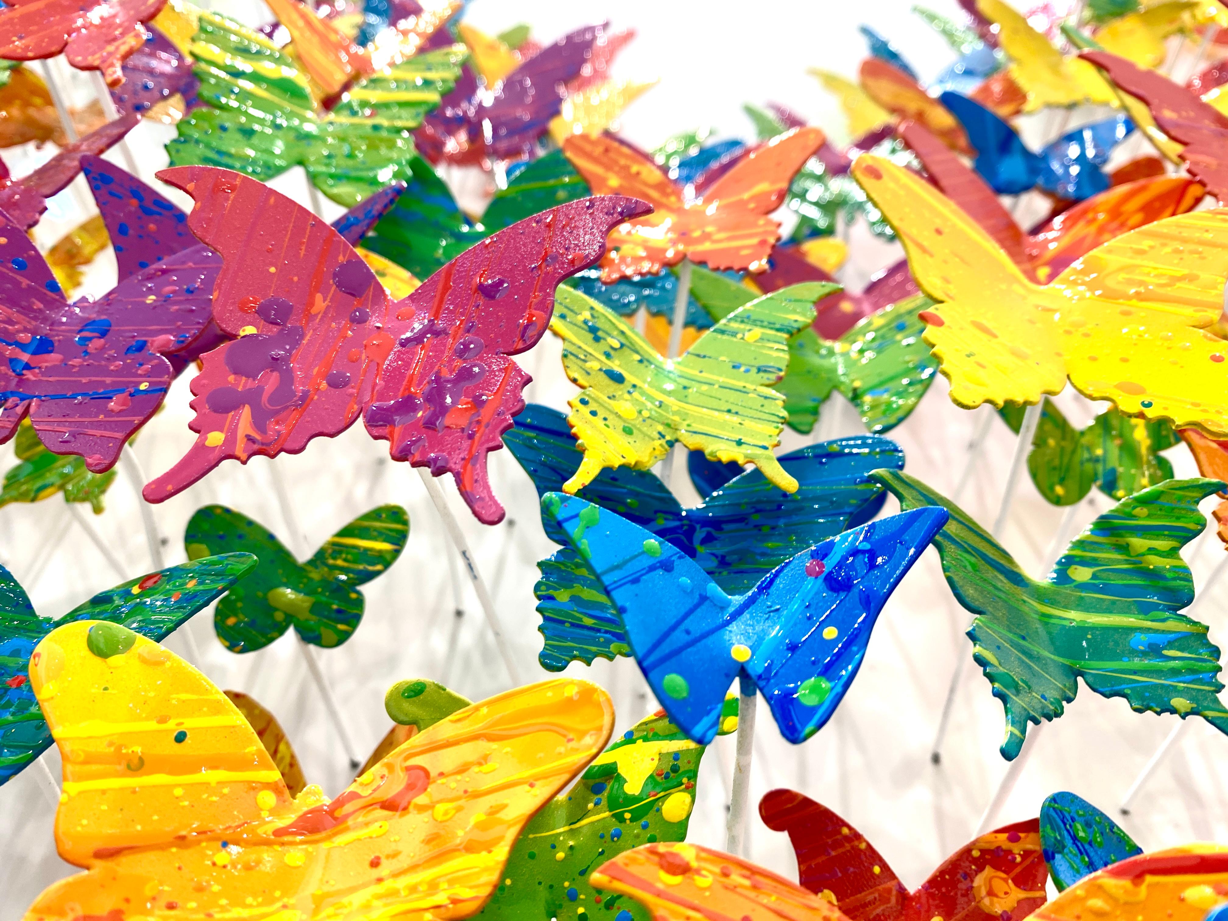 ''Flying Love - Candy'' is a unique mix medium hand painted metal wall sculpture on wood panel by Joel Amit. The artwork comes with a certificate of authenticity and artist's book. This piece is signed and comes ready hang. 

Amit begins each of his