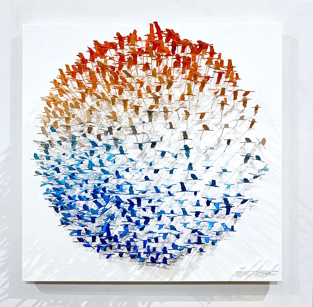 Flying Moon (Orange to Blue) - Contemporary Mixed Media Art by Joel Amit