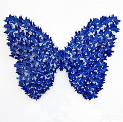 Cercle de vie papillon bleu, sculpture murale en métal mixte