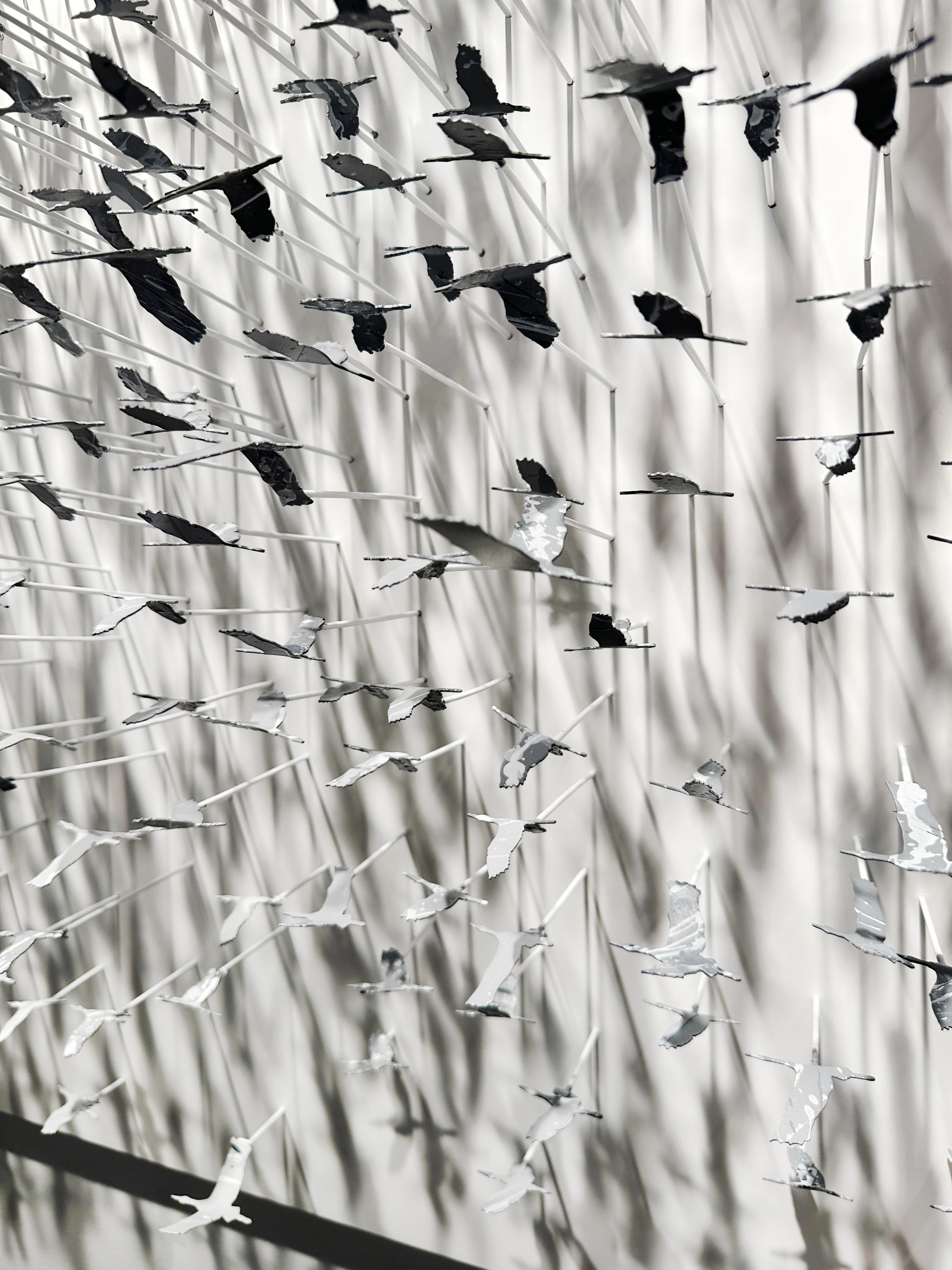 Galaxy of Birds (Grey), Mixed Media Metal Wall Sculpture For Sale 2
