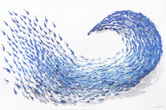Wave of Fish, Mixed Media Metal Wall Sculpture