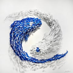 Yin Yang Blau-Weiß-Weiß-Wandskulptur aus Metall in Mischtechnik