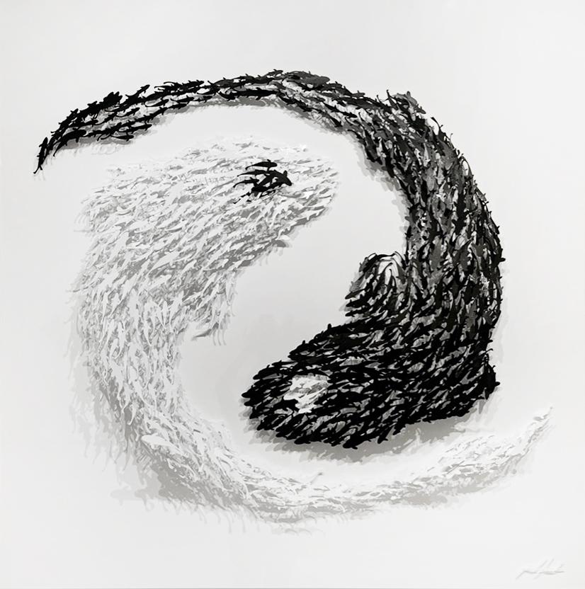 ''Yin Yang B&W'' is a unique mix medium hand painted metal wall sculpture on wood panel by Joel Amit. The artwork comes with a certificate of authenticity and artist's book. This piece is signed and comes ready hang. 

Amit begins each of his pieces
