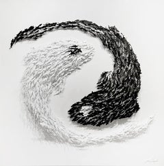 Yin Yang B&W, Wandskulptur aus Metall in Mischtechnik