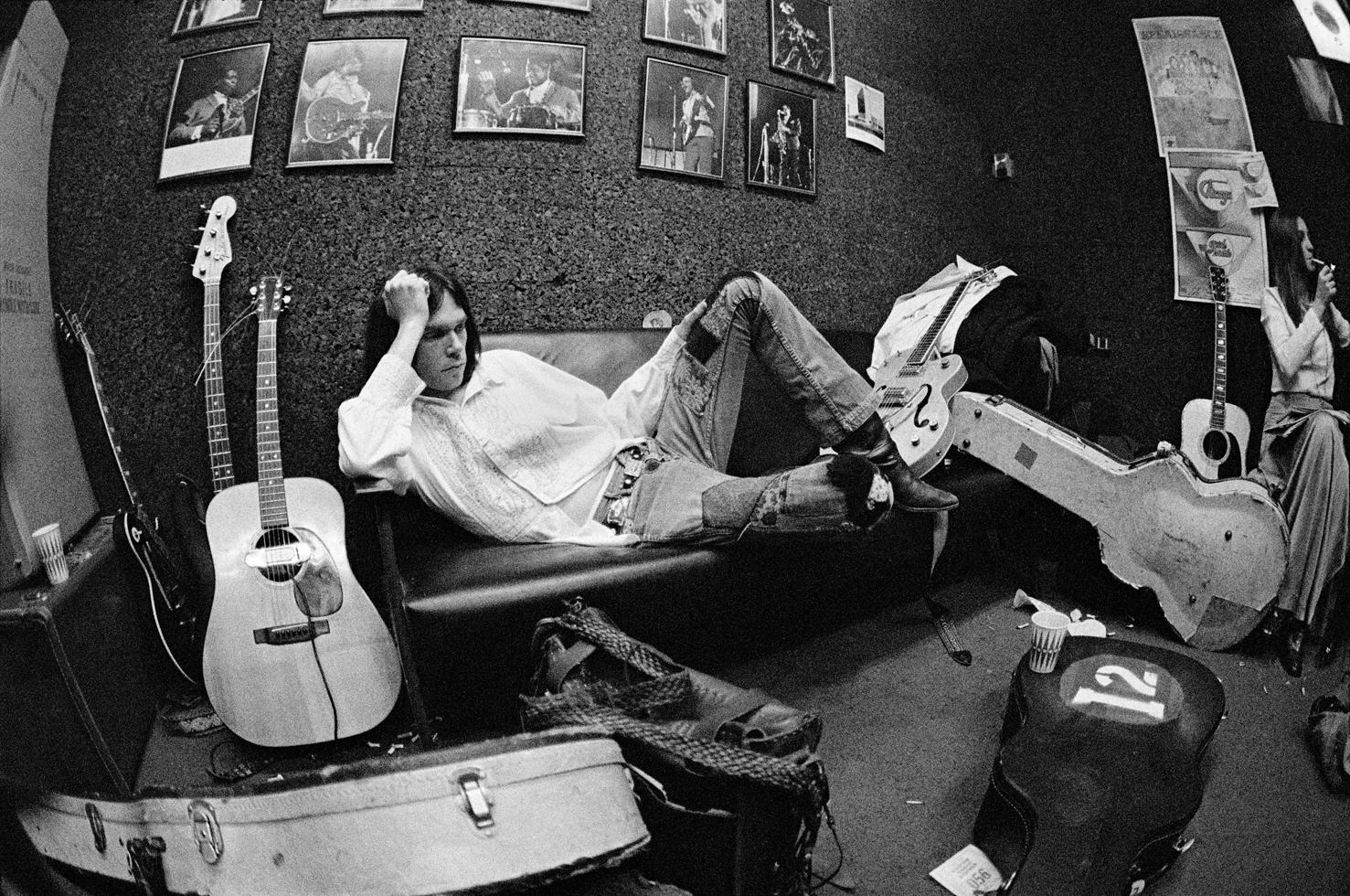 Joel Bernstein Black and White Photograph - Neil Young backstage