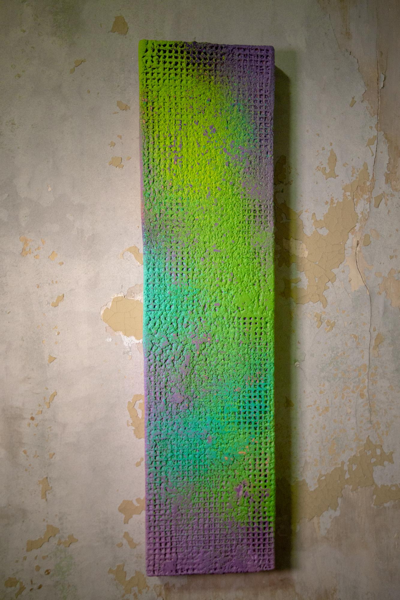 Flavor Building, bright green, purple textured rectangle painting by Joel Blenz