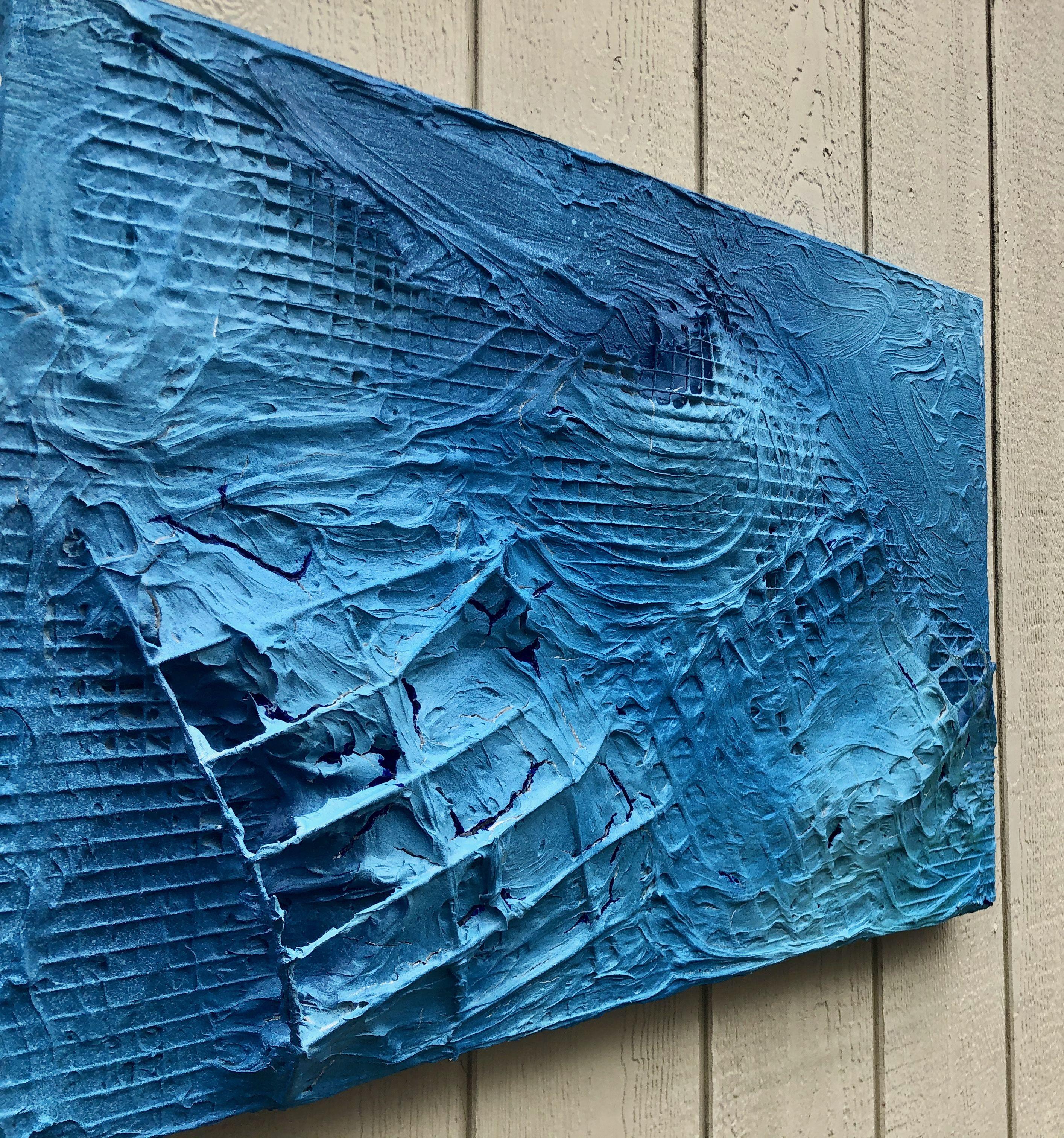 My first 3D experience with a different technique. Blue being my favorite color made it easy to explore blends of the hues while making it lift off the frame. The challenge was knowing how to do it for a temporary show piece but what about long term
