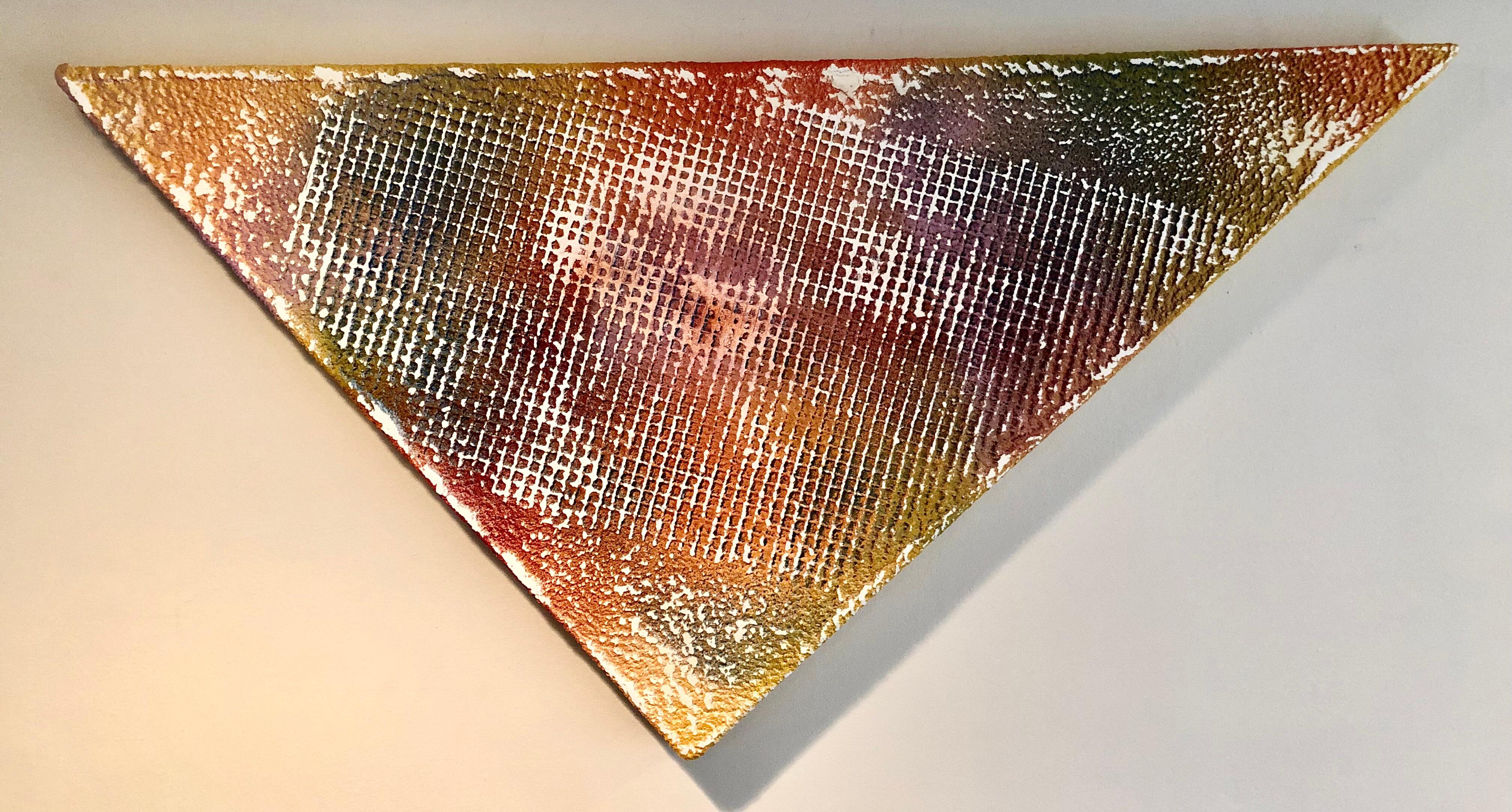 This piece is a triangular shape by Joel Blenze. Shades of orange and yellow depict the colors of Autumn.  Shapes and textures create the feel and illusion of a crisp fall morning. Unique, one-of-a-kind piece signed by the artist on verso and comes