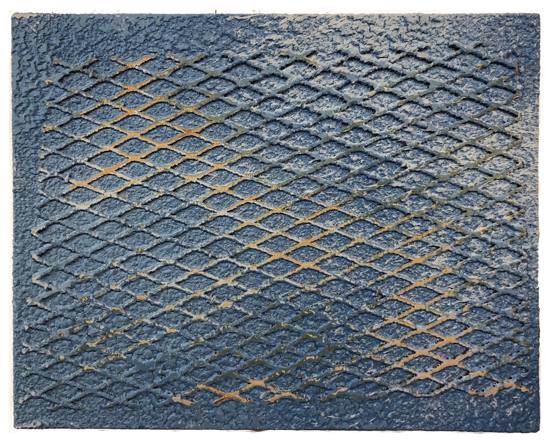 Deep blues in mesh, rust, textured patterns.  Hard Blue, mixed media by Joel Blenz
One of a kind ready to hang.  Signed by artist on verso.


ARTIST BIO 
A native of Queens, New York, Joel Blenz is a painter working in conversation with textured