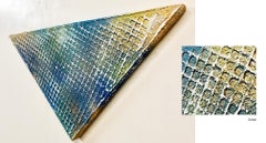 Blue Grid, mixed media triangle shape painting