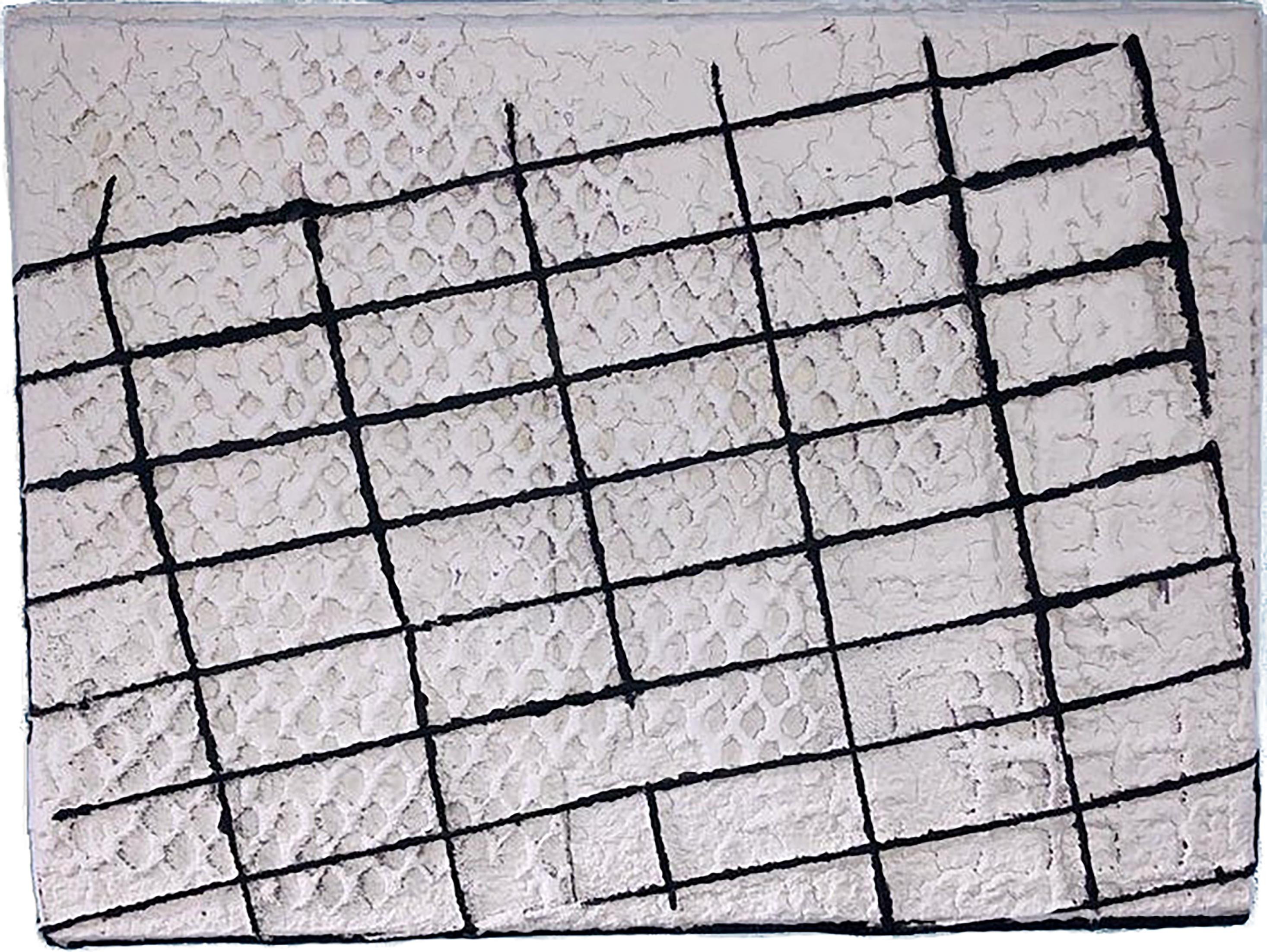 Weiße, rechteckige Leinwand mit schwarzem, linearem, gitterartigem Muster überlagert.  Die strukturierte, mehrschichtige Farbe legt eine Gitterform darunter frei.  Einzigartige Leinwand, fertig zum Aufhängen.  Verso signiert.

KÜNSTLERBIO 
Der in