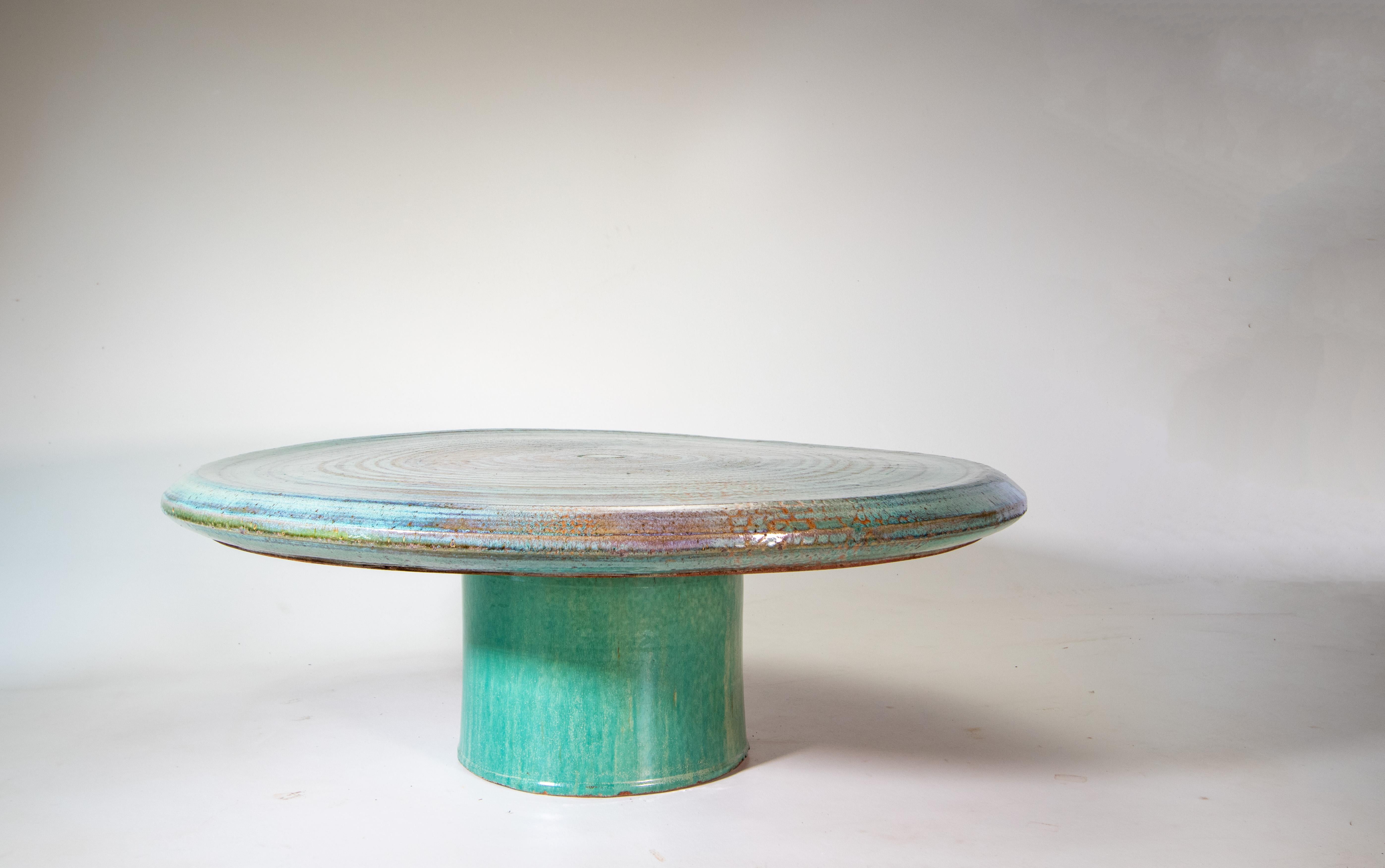 Mid-Century Modern Joel Cottet 1971 Monumental Ceramic Coffee Table Blue green lava glaze For Sale