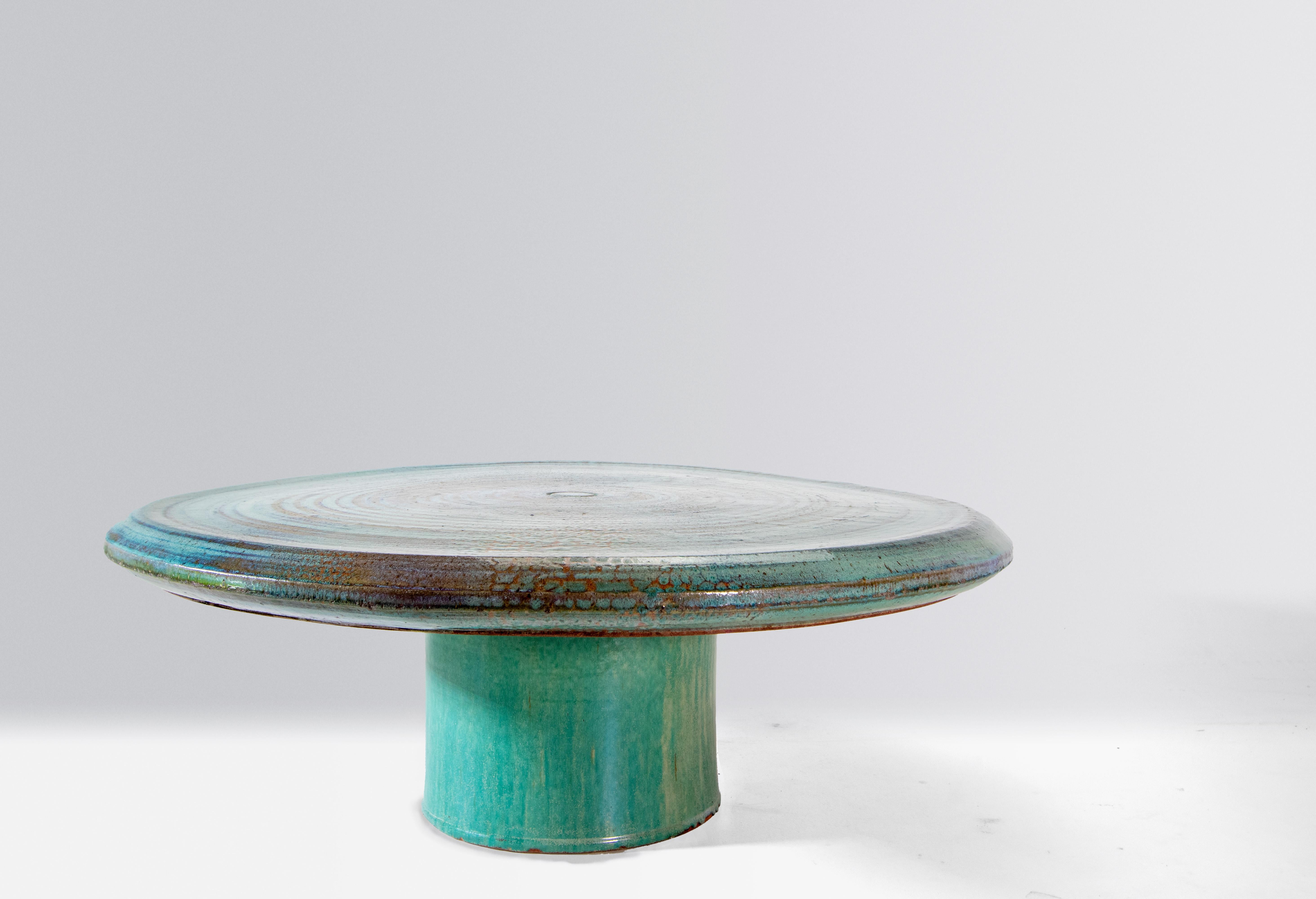 Late 20th Century Joel Cottet 1971 Monumental Ceramic Coffee Table Blue green lava glaze For Sale
