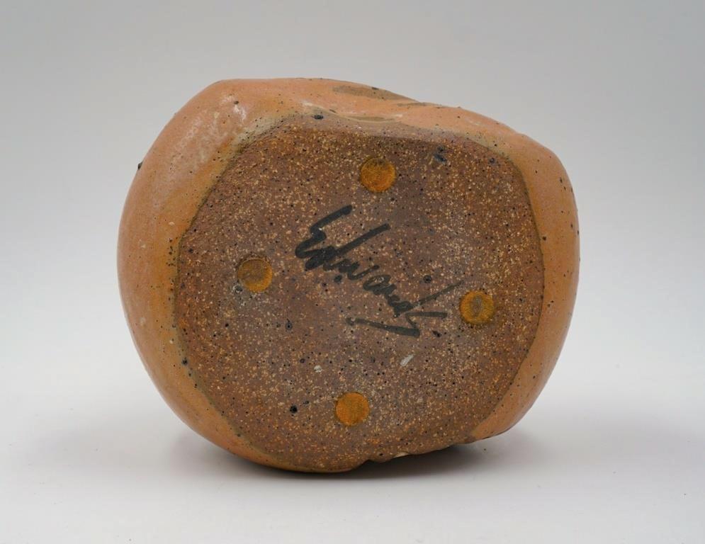 Vintage mid 20th century pottery sculpture vessel vase by Joel Edwards (1923-2007) California.  Matte taupey brown glaze, double neck, carved shaped body.  Well known Californian potter he studied at the Brooklyn Museum School in Brooklyn, New York