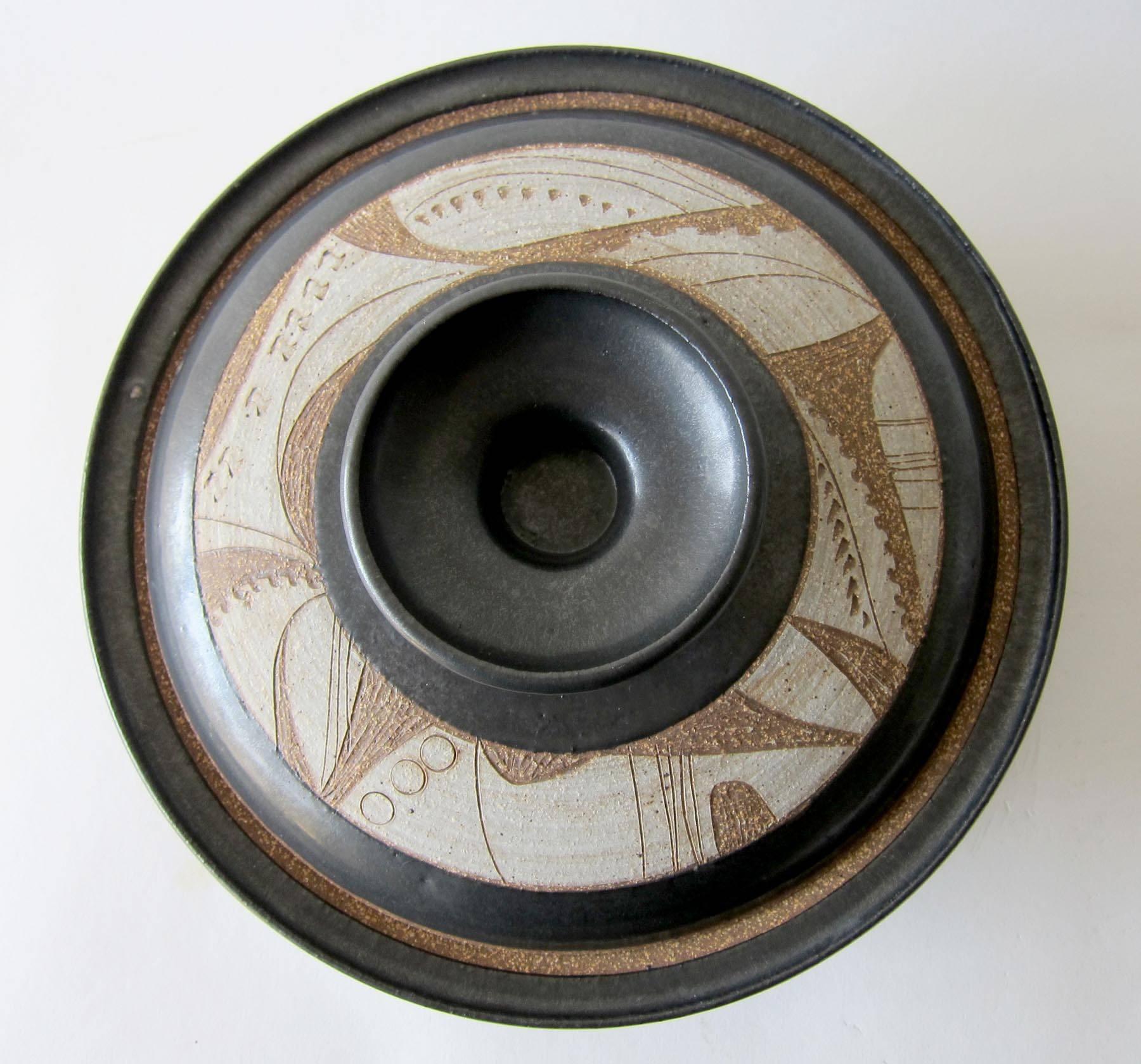Covered bowl or casserole created by California ceramist Joel Edwards. Bowl measures 5.5