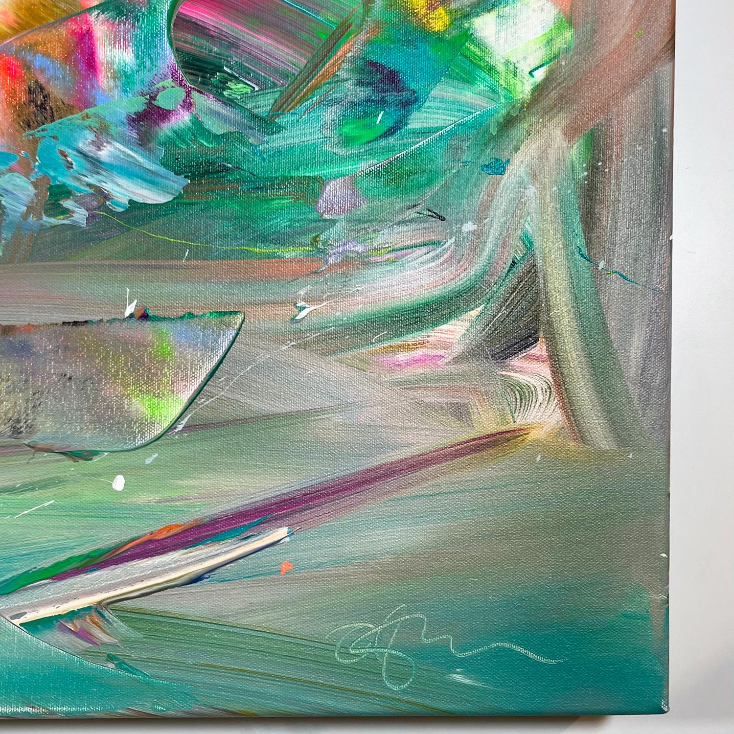 Joel Masewich’s multi-layered, imaginary abstract works represent his emotional response to landscapes with many of his pieces containing visual references to water or light. The vivid hues are sharply contrasting, as if lit by direct sunlight and
