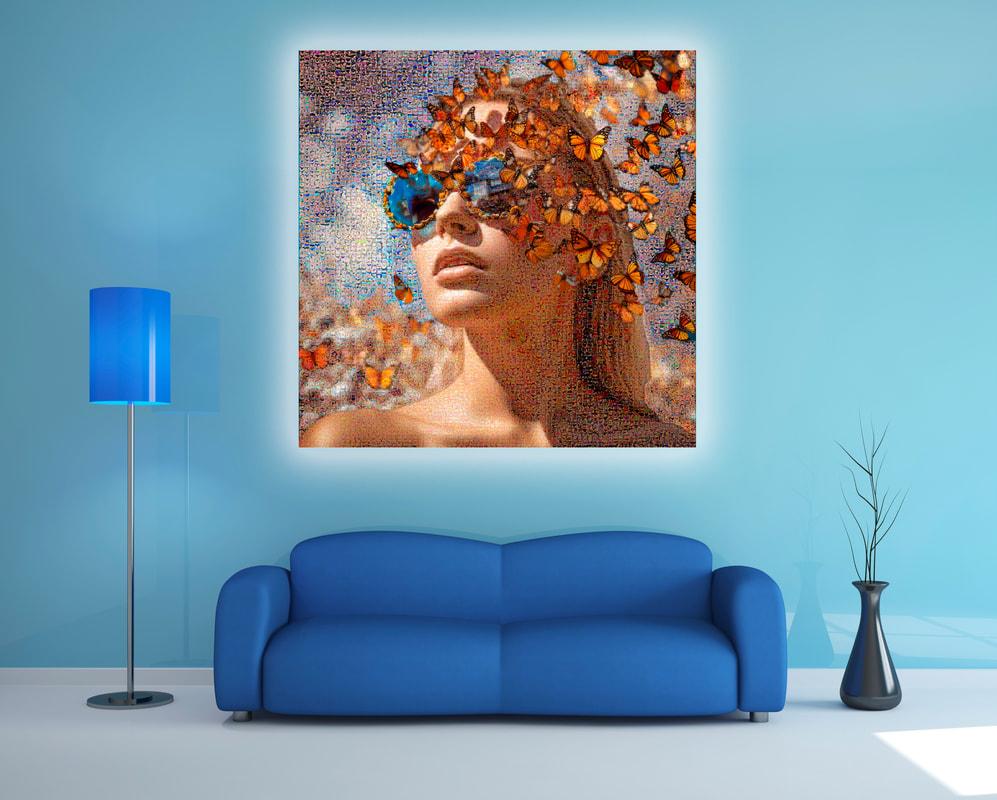 Limited edition Photographic Mosaic.
Edition of 8

Joel creates these contemporary pieces by adding lots of tiny images of the female form to make up the larger image.

These small pictures give the artwork depth and an impression of infinity. They