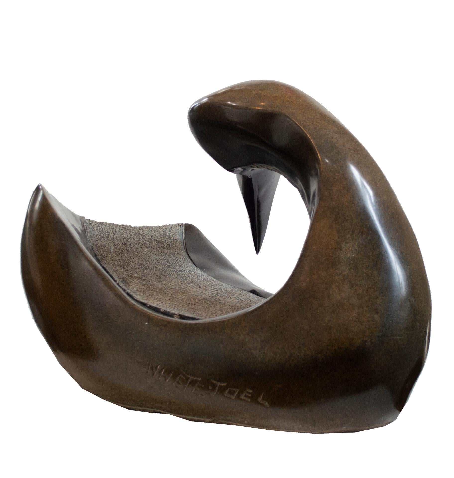 'Landing Dove' is an original opal serpentine stone sculpture signed by the contemporary Zimbabwean artist Joel Nhete. The artist presents in this sculpture a highly abstracted figure of a bird, leaning its head backward with its wings down as
