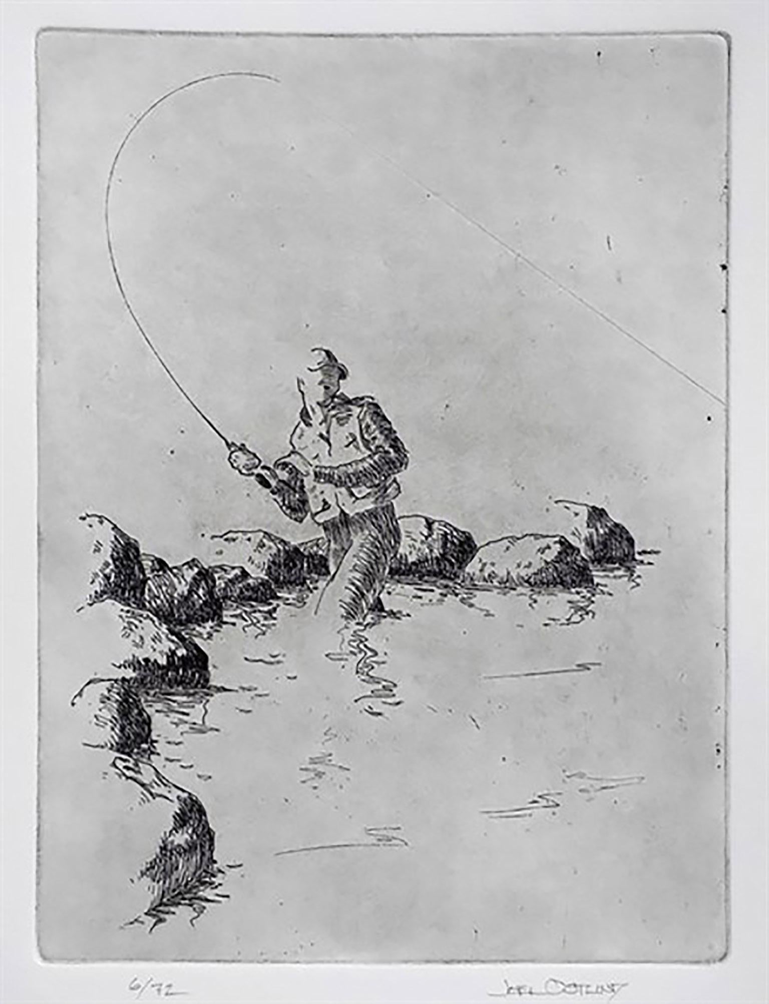 Joel Ostlind Portrait Print - A Bend in a Straight Line 21/72 (fly fishing, river's edge, casting)