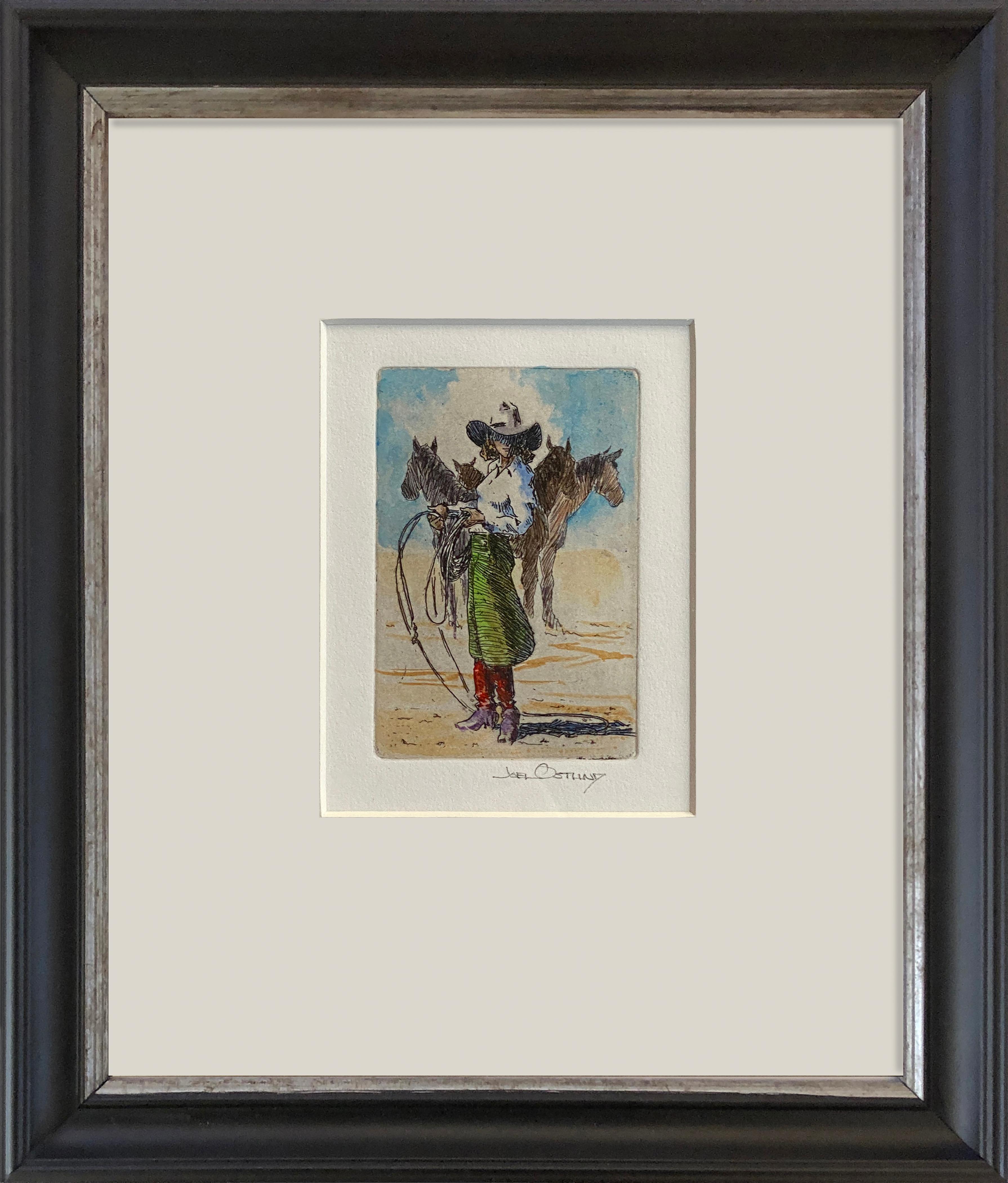 Joel Ostlind Figurative Print - Lily of the West VII (Etching, watercolor, cowgirl, attitude, horses) 