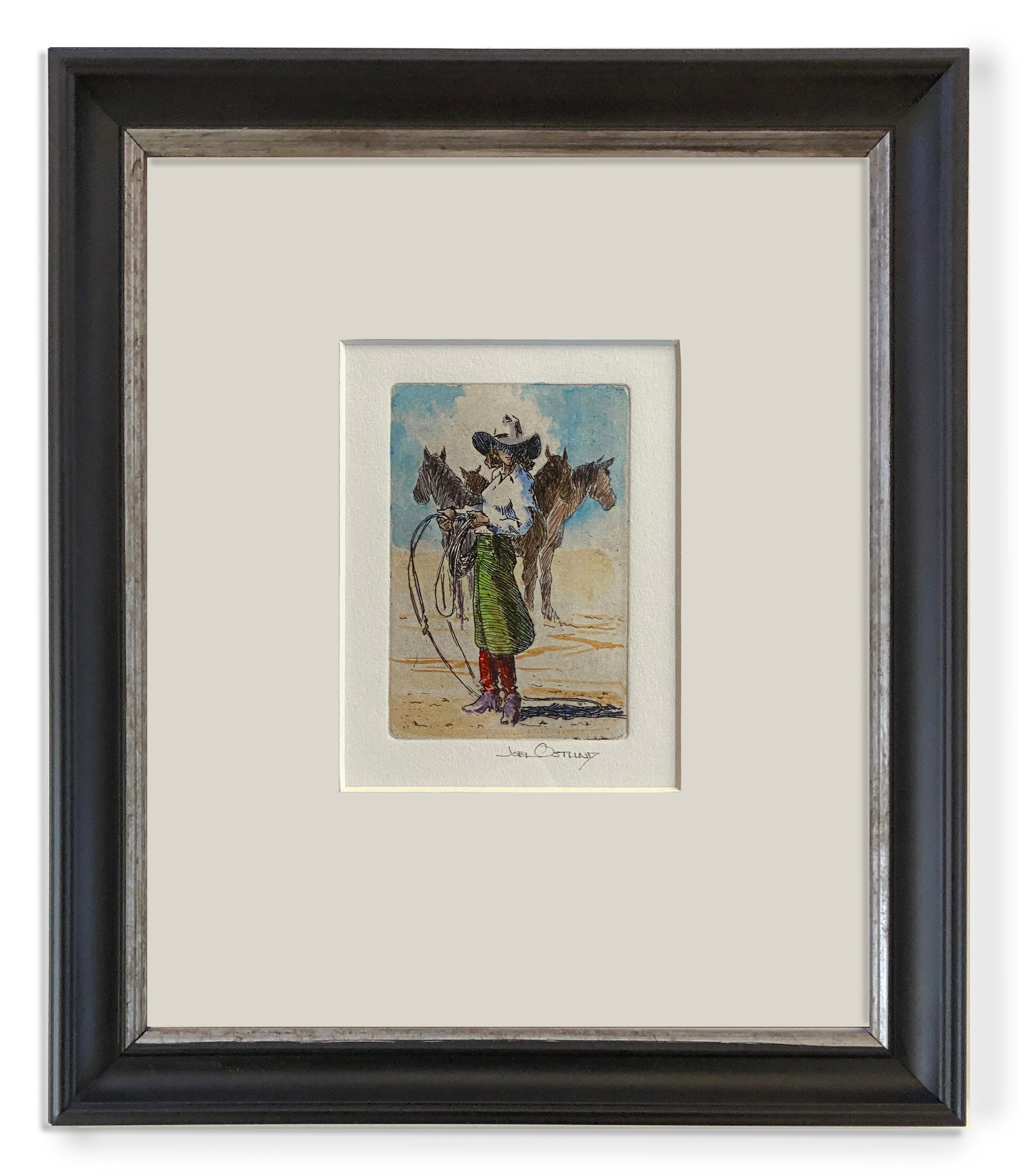 Lily of the West VIII (Etching, watercolor, cowgirl, attitude, horses)  - Print by Joel Ostlind