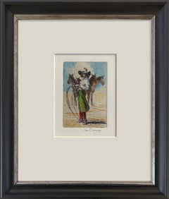 Lily of the West VIII (Etching, watercolor, cowgirl, attitude, horses)