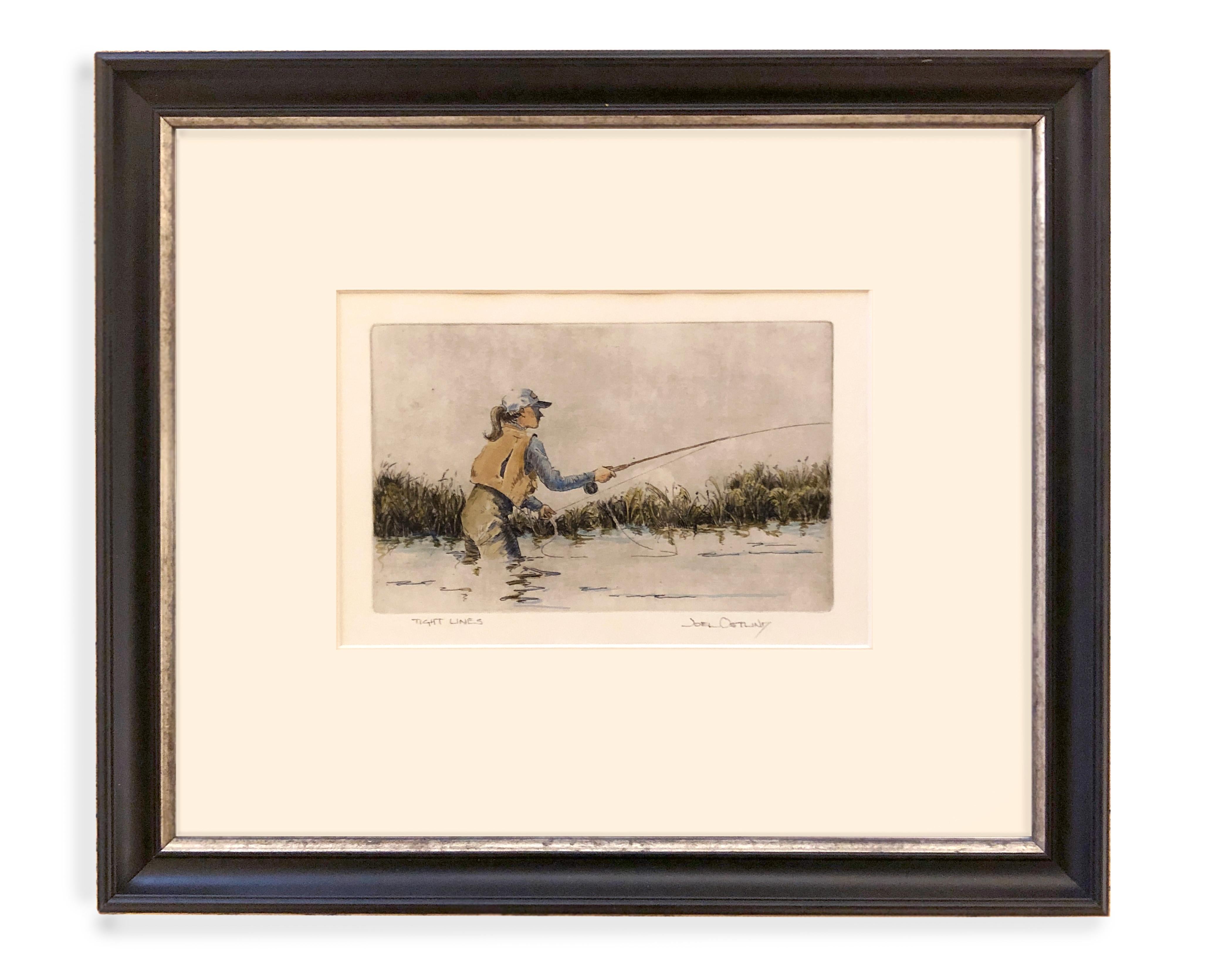 Joel Ostlind - Tight Lines (Etching, fly fishing, woman, river, pastel) For  Sale at 1stDibs
