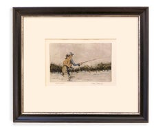 Tight Lines (Etching, fly fishing, woman, river, pastel)