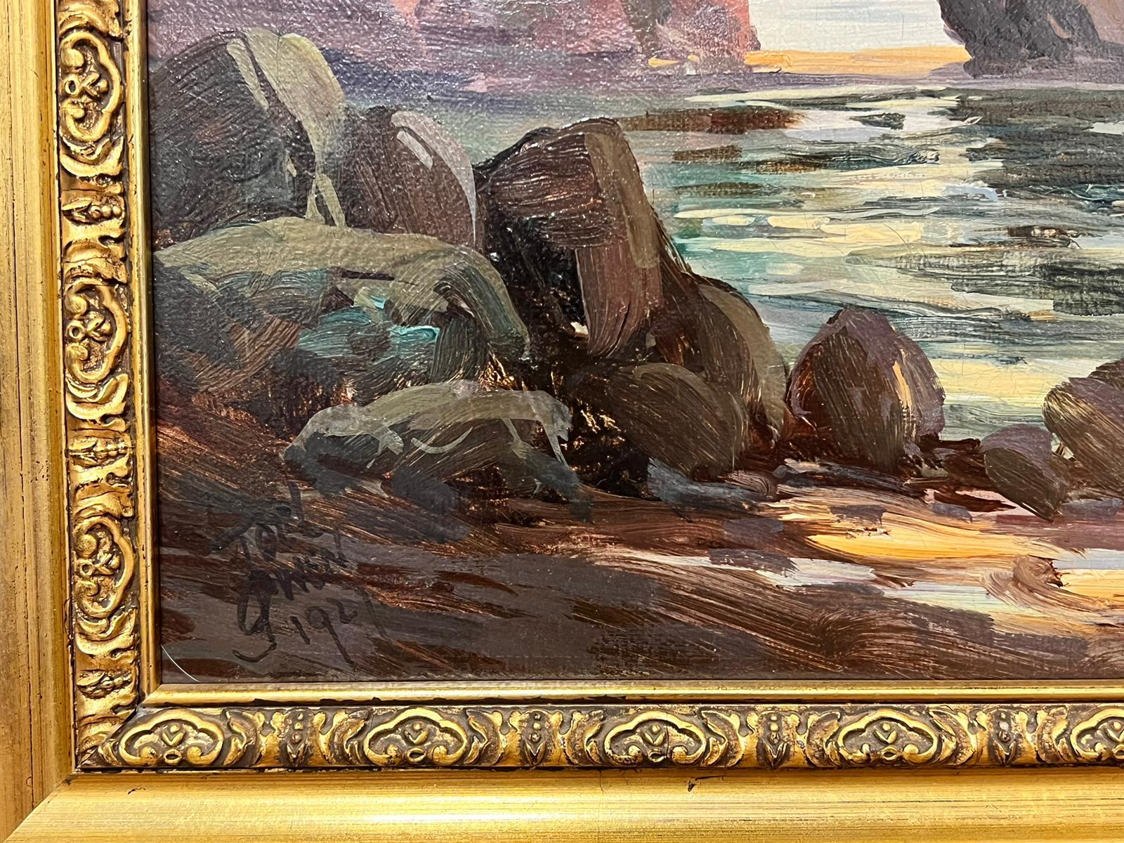 1920's Scottish Signed Oil Painting Sunset over Coastal Rocks Boats & Sea For Sale 1