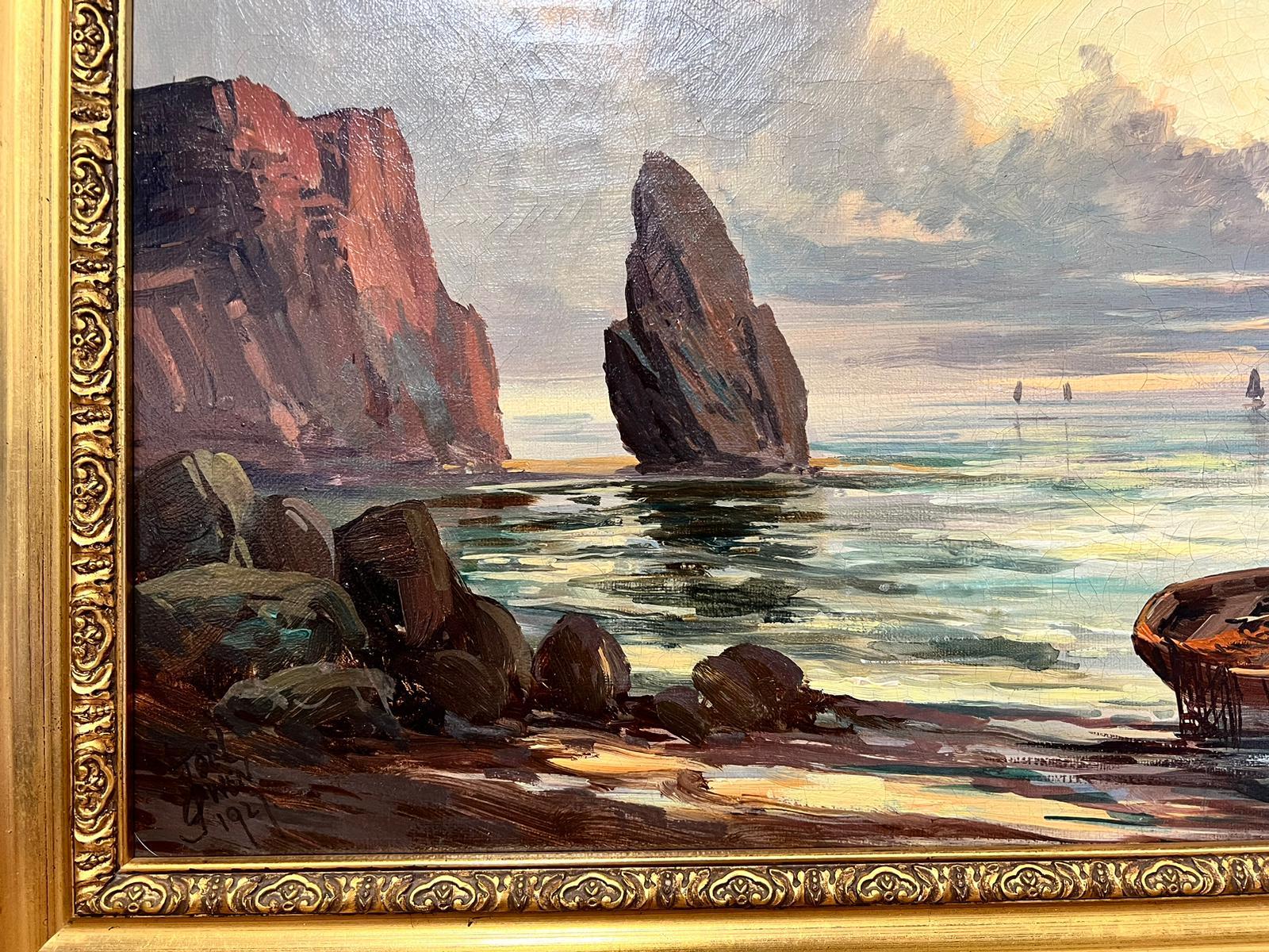 1920's Scottish Signed Oil Painting Sunset over Coastal Rocks Boats & Sea For Sale 2