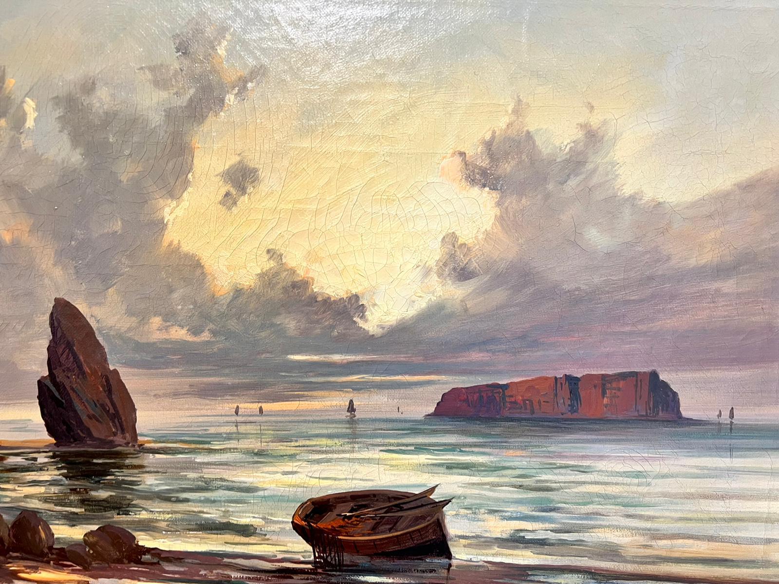 1920 Pintura al óleo firmada en Escocia Puesta de sol sobre rocas costeras Barcos y mar en venta 1