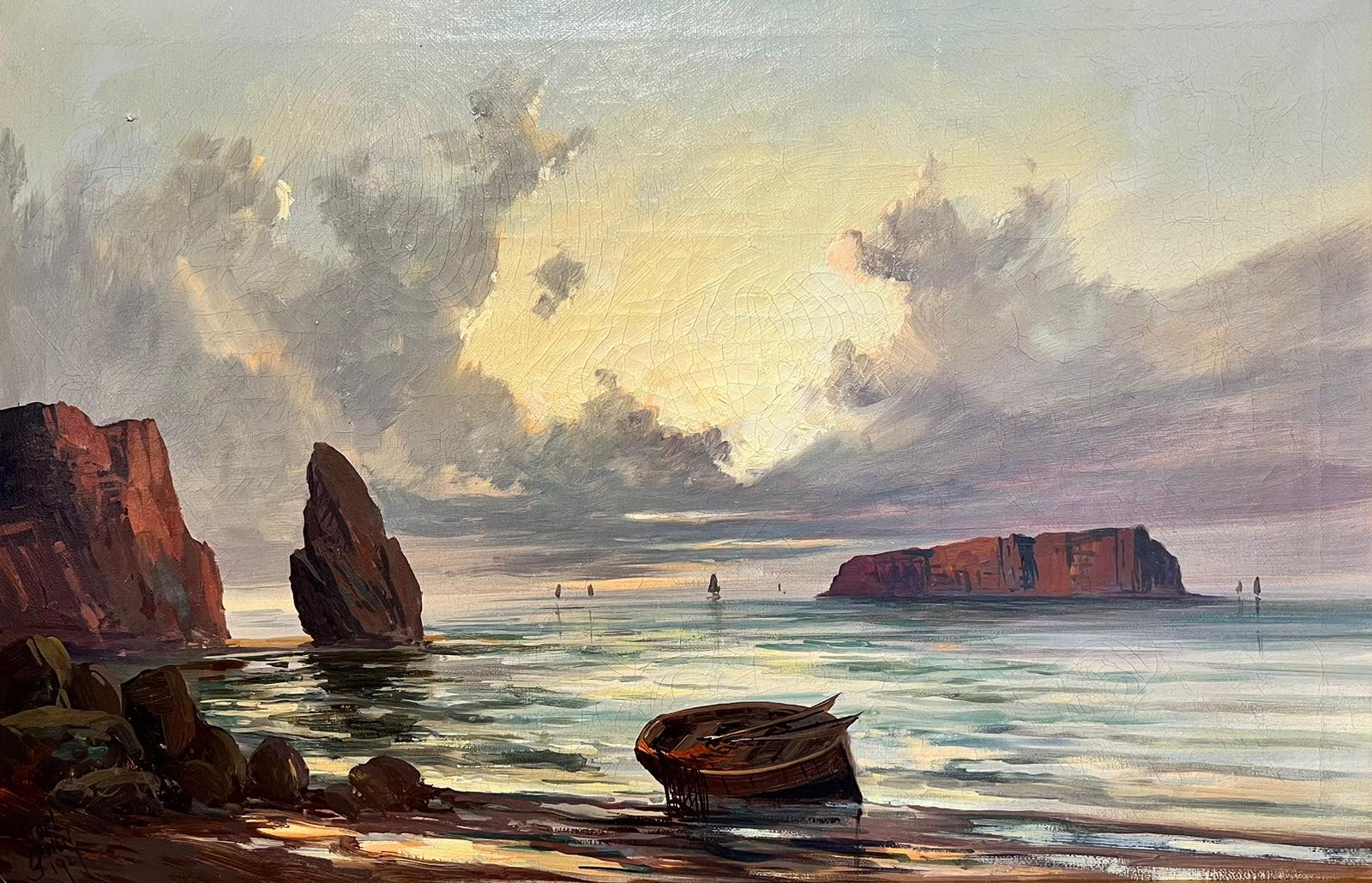Joel Owen Landscape Painting - 1920's Scottish Signed Oil Painting Sunset over Coastal Rocks Boats & Sea
