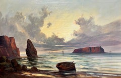 1920's Scottish Signed Oil Painting Sunset over Coastal Rocks Boats & Sea