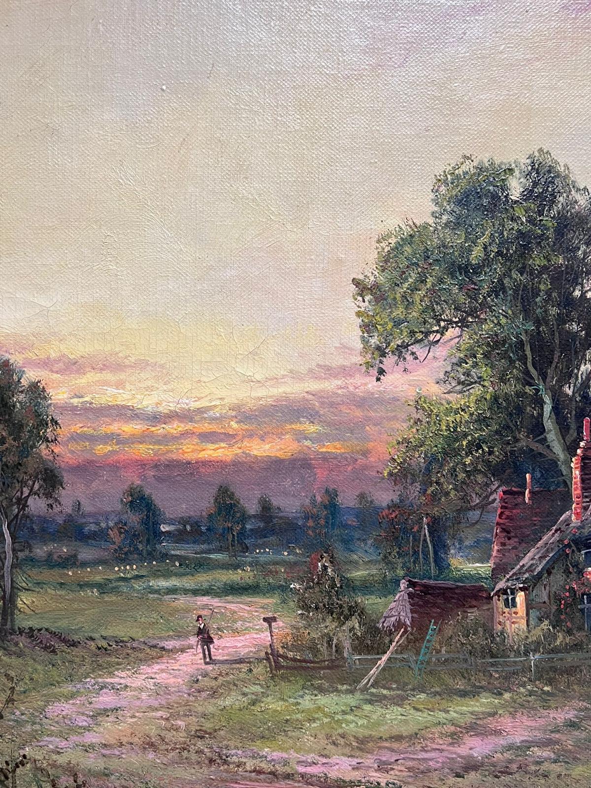 Antique English Oil Painting Sunset in Surrey Village Lane Figure Walking For Sale 2