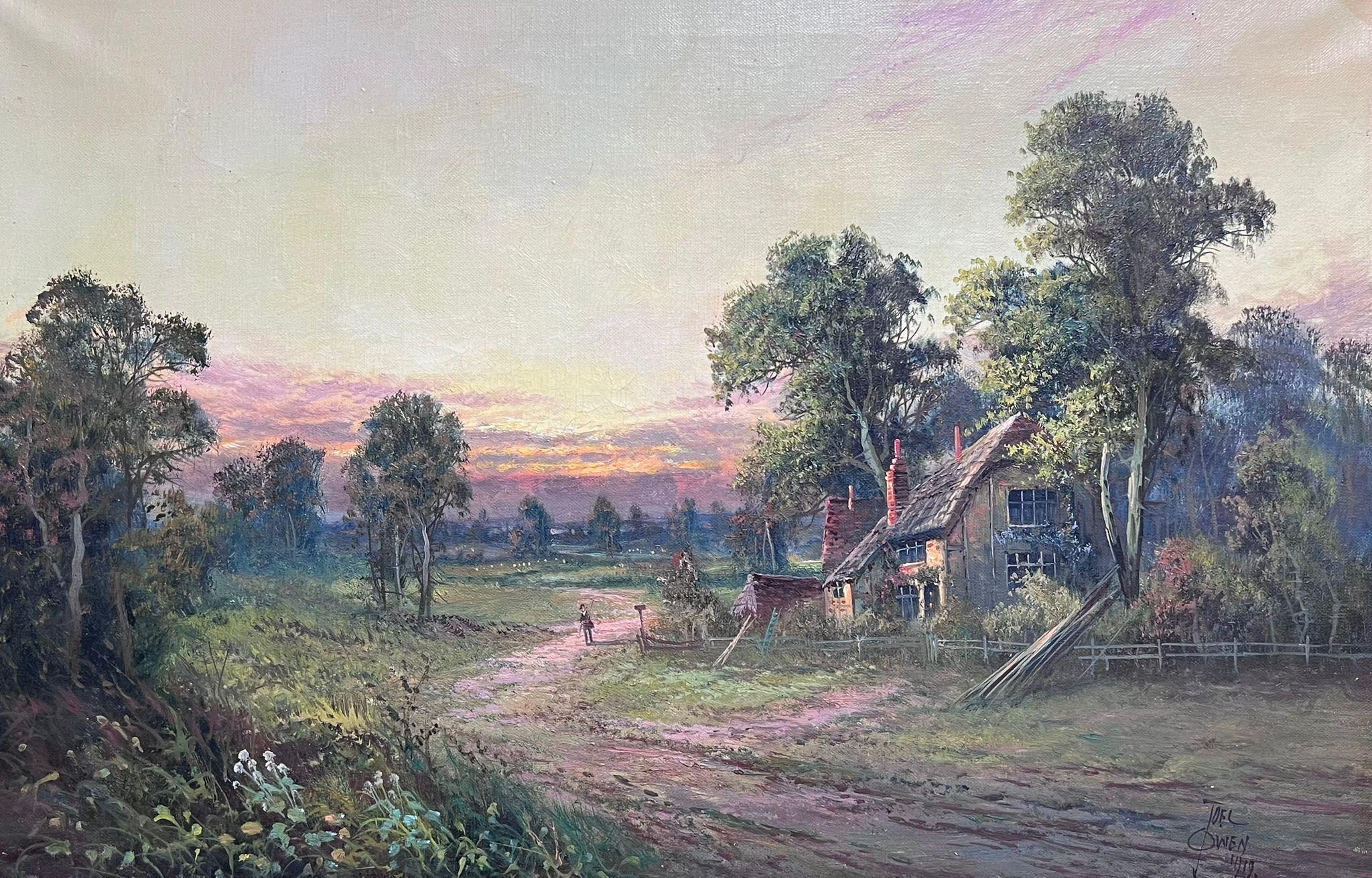 Joel Owen Landscape Painting – Antikes englisches Ölgemälde, Sonnenuntergang in der Surrey Village Lane, Figur beim Gehen