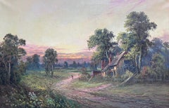 Ancienne peinture à l'huile anglaise Coucher de soleil dans le Surrey Village Lane s Figure Walking