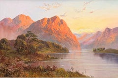 Antique Painting Glencoe Highland Loch with Mountains Sunset Scottish Landscape