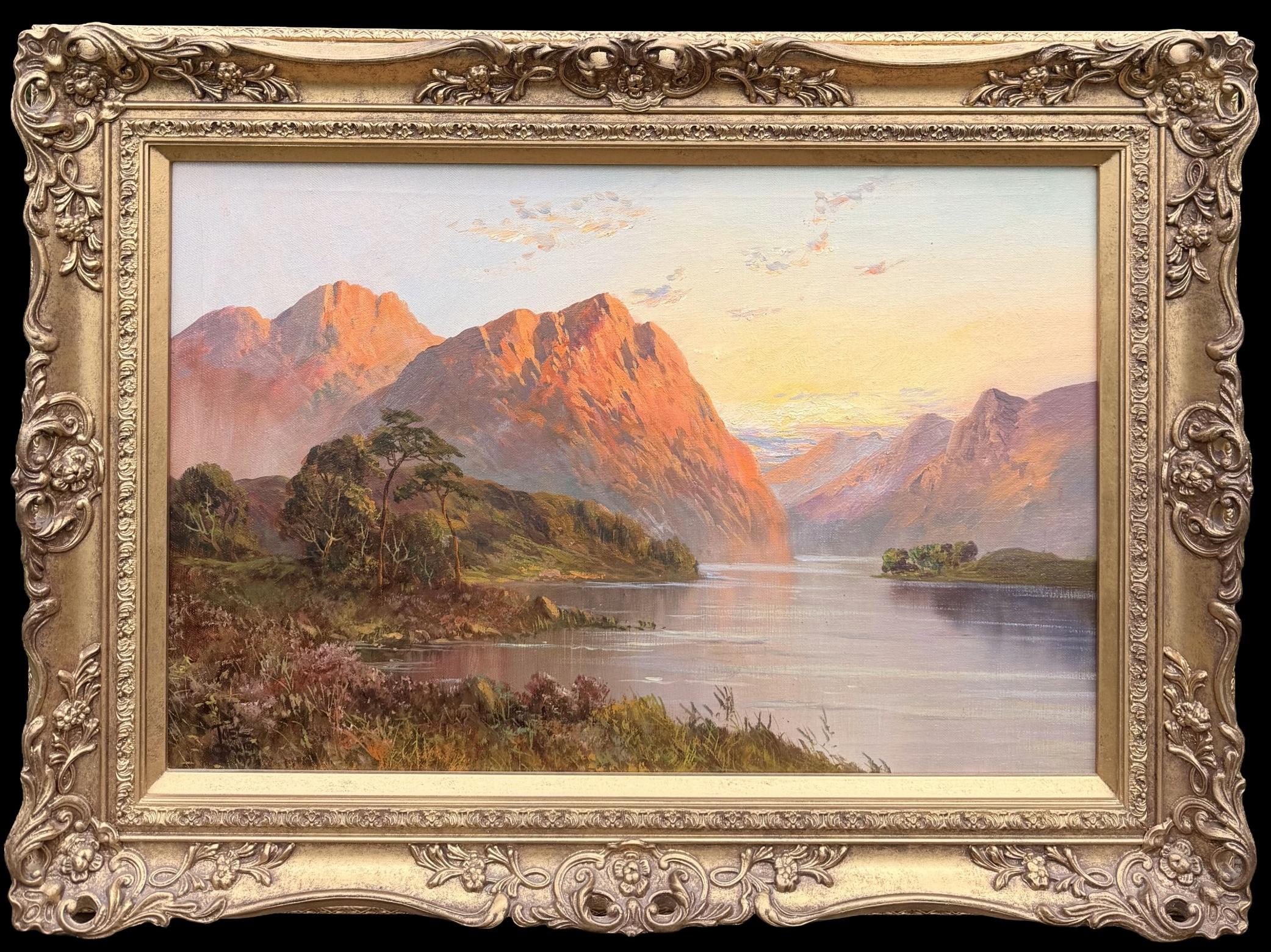 Joel Owen Landscape Painting - Antique Painting Glencoe Highland Loch with Mountains Sunset Scottish Landscape