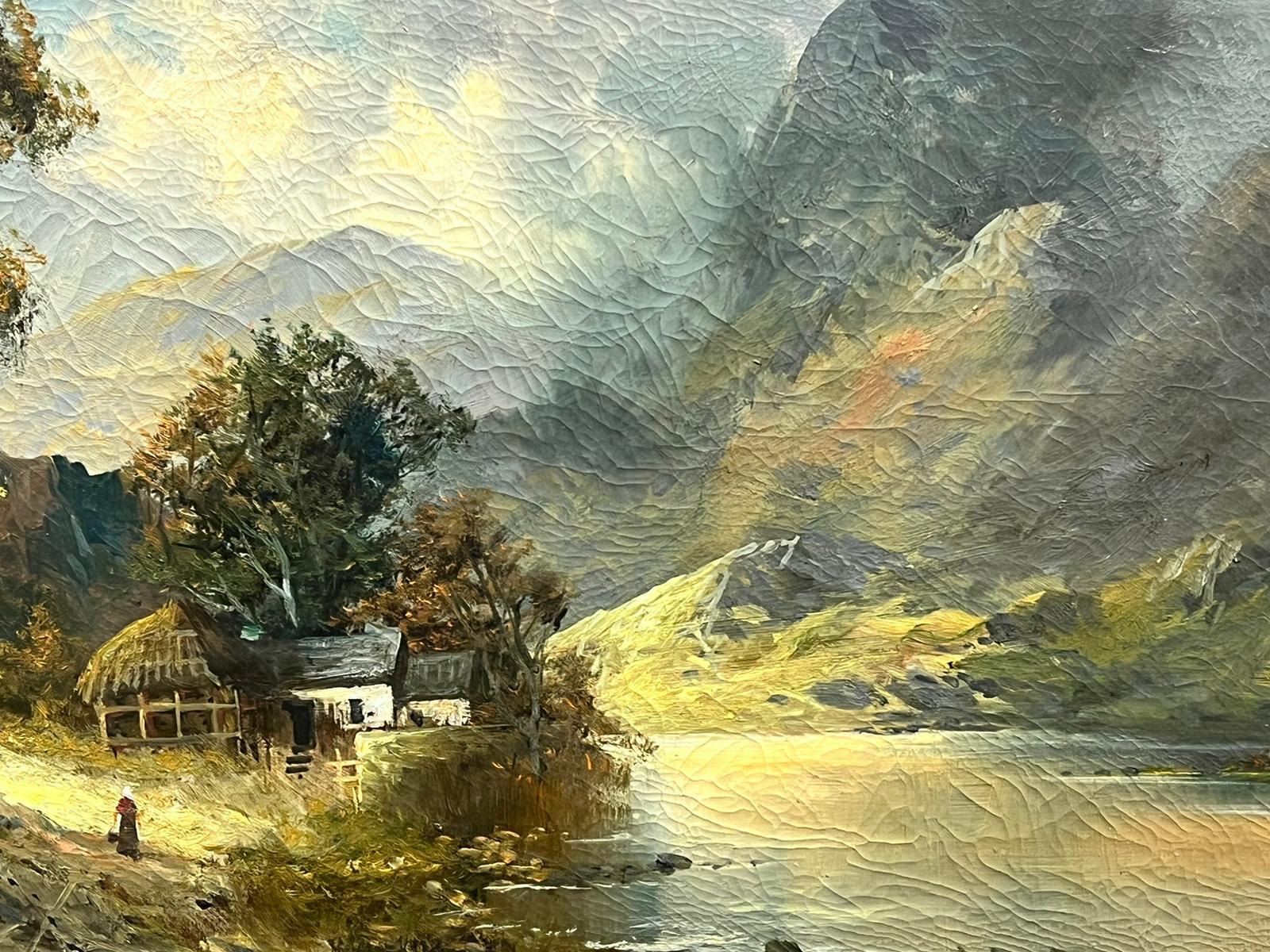 Antique Scottish Highlands Loch Landscape Figure by Cottage signed oil - Victorian Painting by Joel Owen