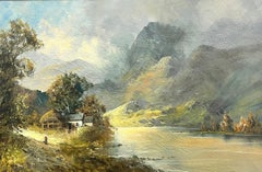 Antique Scottish Highlands Loch Landscape Figure by Cottage signed oil