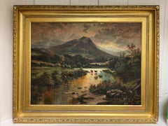Huge Victorian Scottish Oil Painting Cattle Watering Majestic Highland Loch 1896