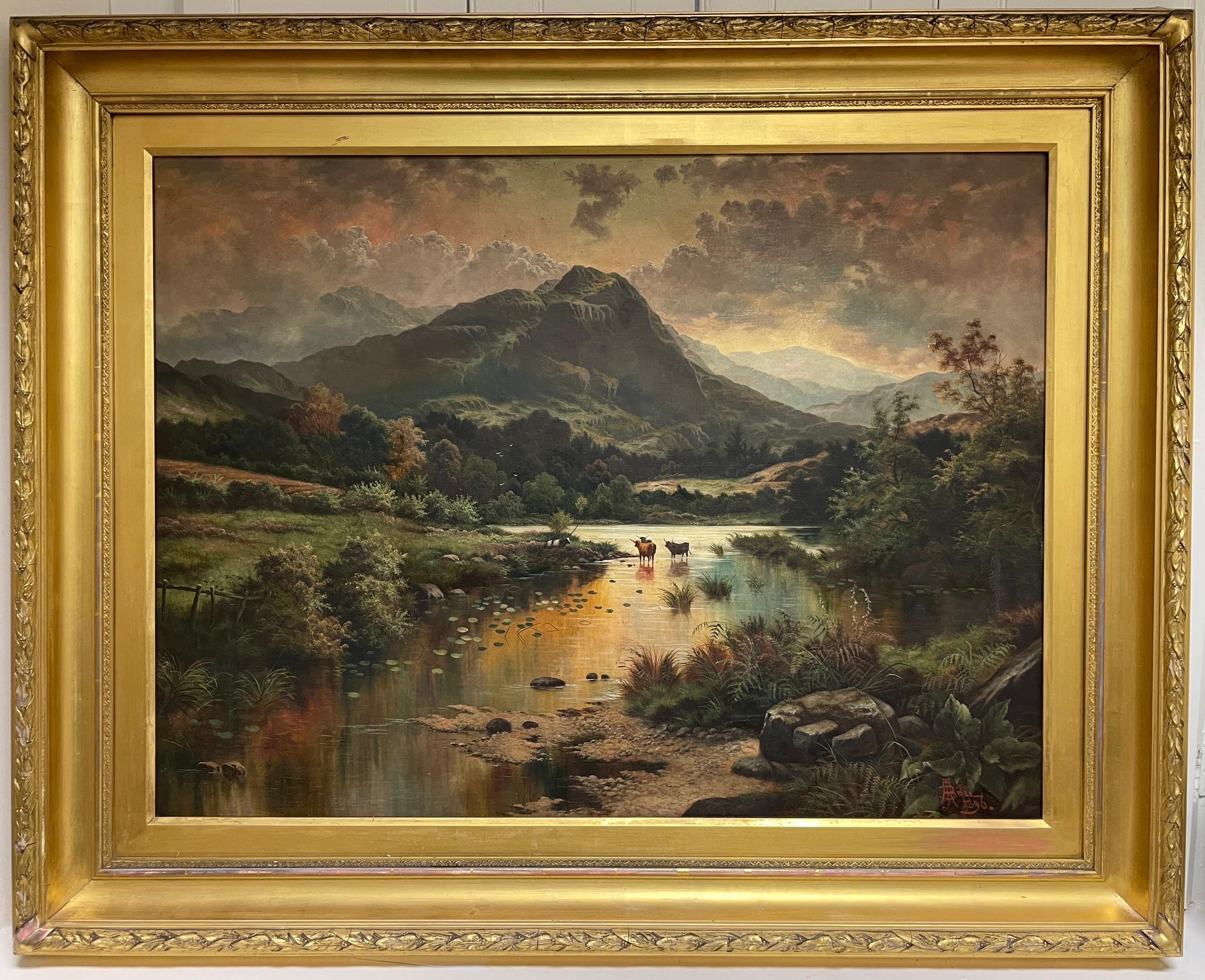 Joel Owen Animal Painting - Huge Victorian Scottish Oil Painting Cattle Watering Majestic Highland Loch 1896