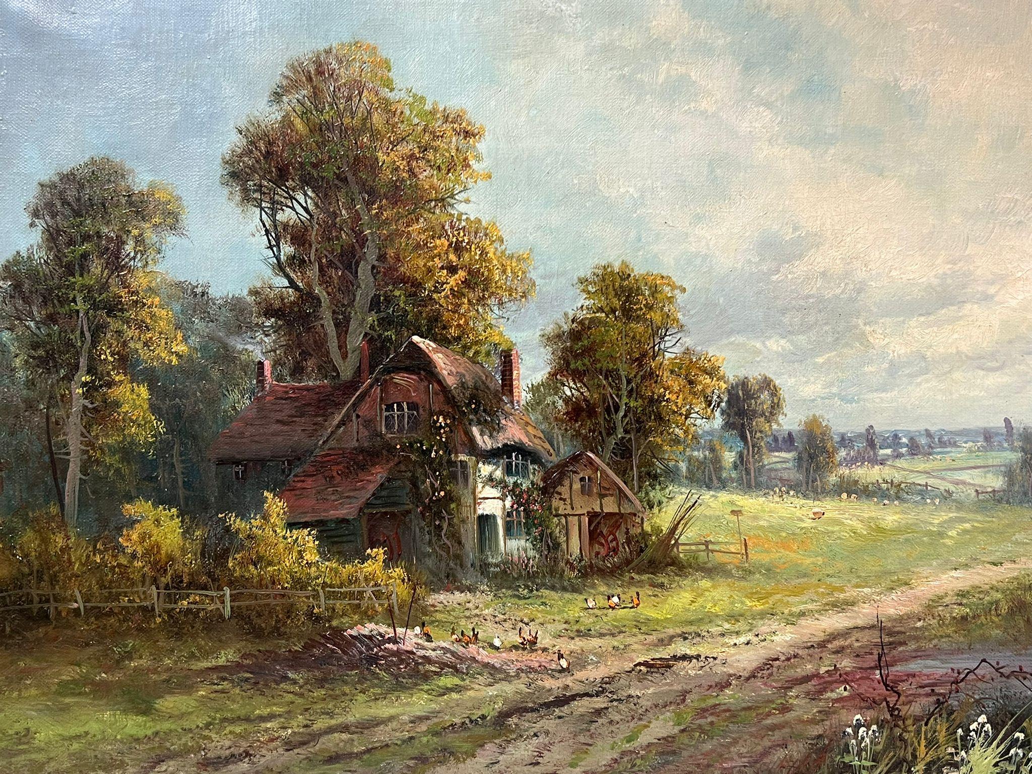 Large Antique English Signed Oil Painting Country Cottage in Surrey Village Lane For Sale 2