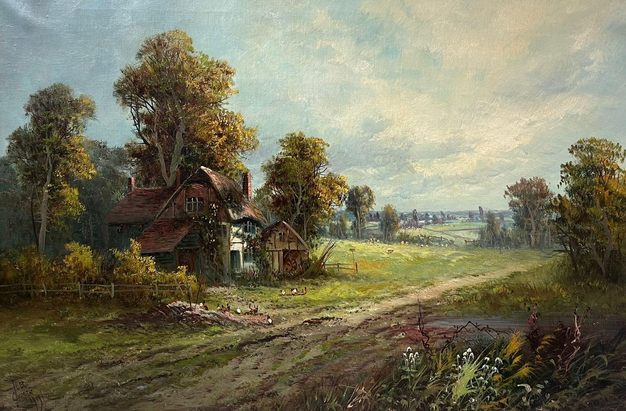 Joel Owen Landscape Painting - Large Antique English Signed Oil Painting Country Cottage in Surrey Village Lane