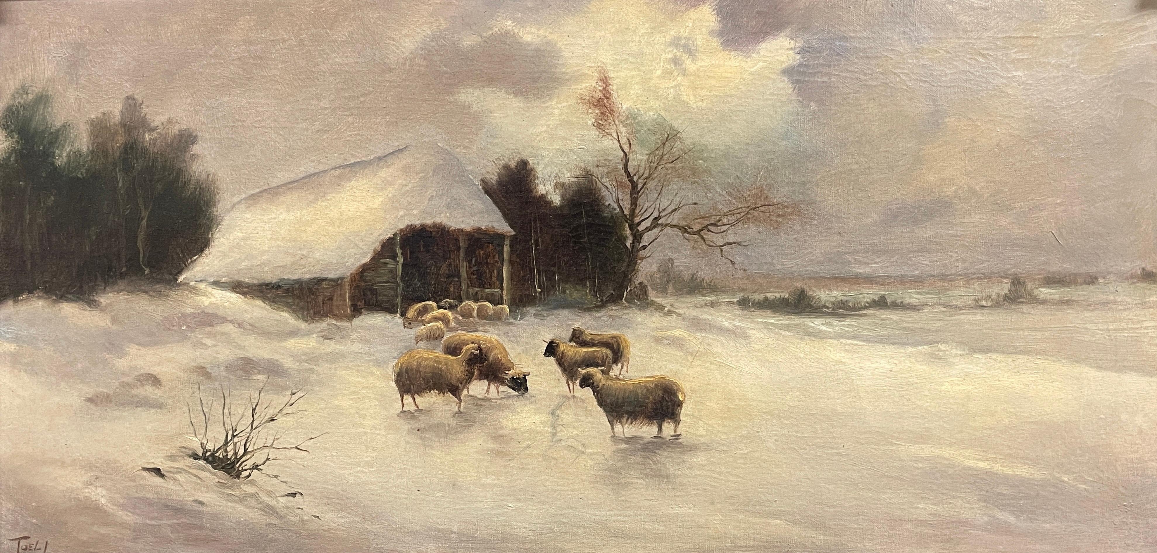 Sheep in Winter Snow Farm Landscape Antique British Oil Painting, signed