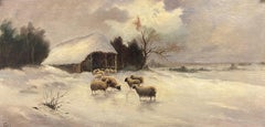 Sheep in Winter Snow Farm Landscape Antique British Oil Painting, signed
